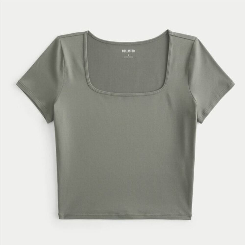 Hollister Square Neck Crop Top Size Small Green Soft Stretch Tee Minimalist